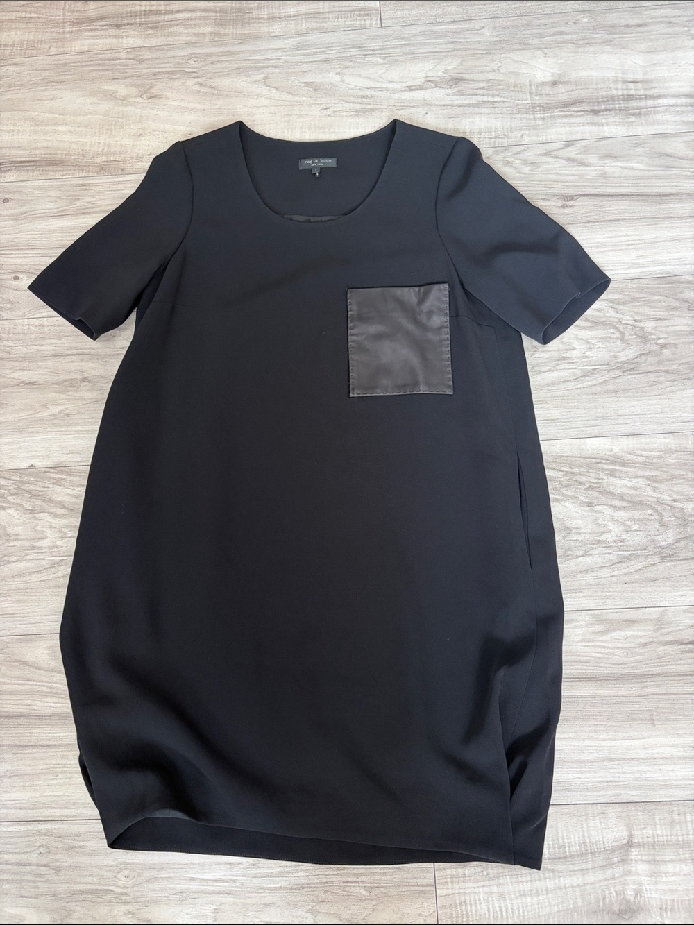 rag & bone Black Short Sleeve Shift Dress Leather Pocket Scoop Neck Work Office